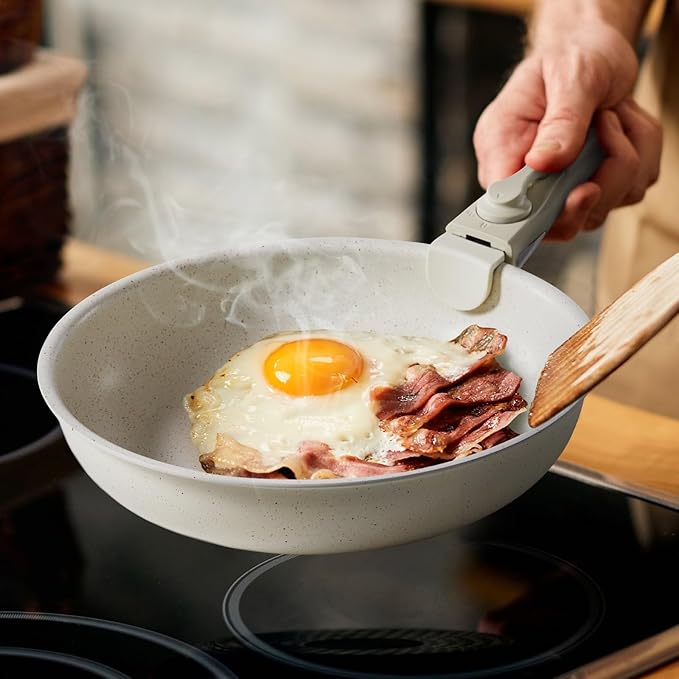 12-Piece Ceramic Non-Stick Cookware Set Includes Spatula &amp Detachable Handles Versatile Pots and Pans Set for Frying Sautéing Stewing Beige Ceramic Coated Cookware Set