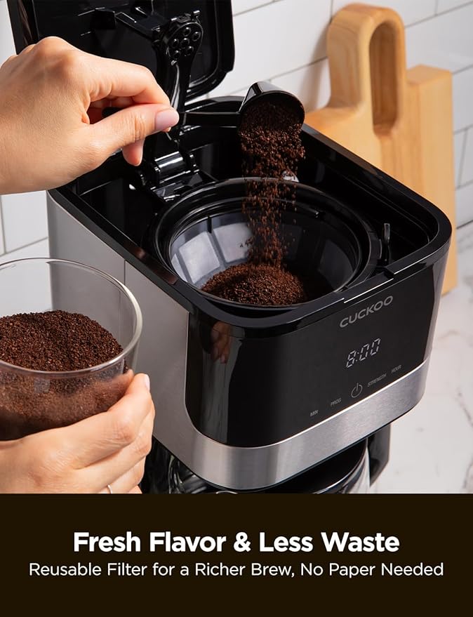 CUCKOO Classic 10-Cup Drip Coffee Maker Easy To Use Coffee Machine with Programmable Timer Includes Glass Coffee Pot with Two Brew Strength Settings and Reusable Mesh Filter (CCM-BD011B)