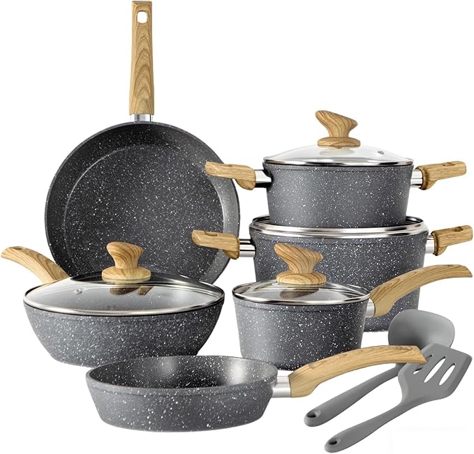 Kitchen Academy 12-Piece Induction Cookware Set - Gray Granite Nonstick Pots and Pans for Effortless Cooking