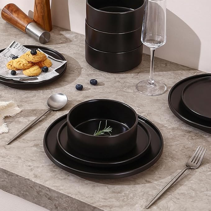 GZG Classic Series - Plates and Bowls Set for 4 12 Piece Stoneware Dinnerware Sets Microwave and Dishwasher Safe Lead-Free Handcrafted Ceramic Dishes Set - Matte Black