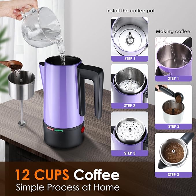 HOMOKUS Electric Coffee Percolator 12 CUPS Percolator Coffee Pot Stainless Steel Percolator Coffee Maker with Clear Knob Cool-touch Handle Auto Keep Warm Function (Purple)