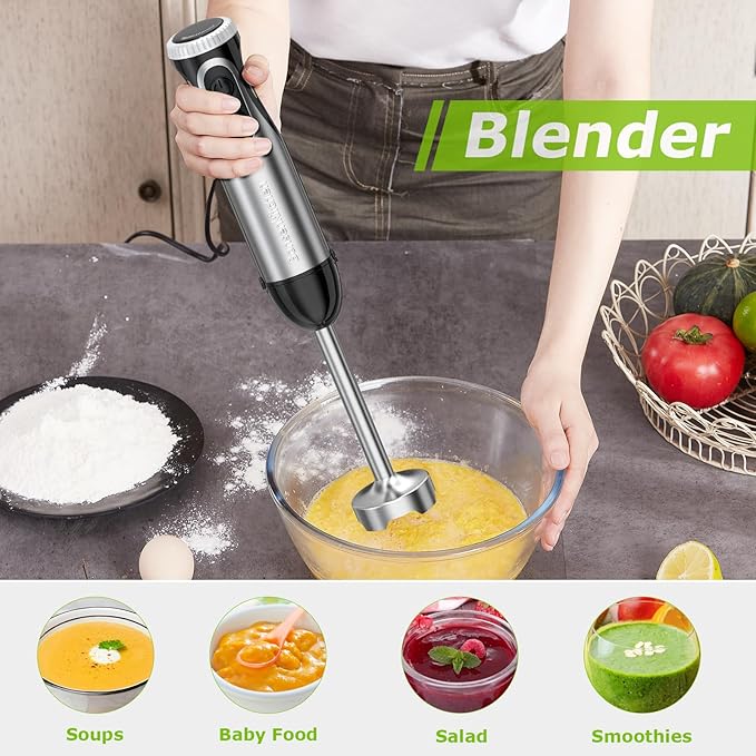 Immersion Handheld Blender Bonsenkitchen 9-Speed Stainless Steel Hand Blender Set with Wall Mounted Bracket Food Grinder Bowl Measuring Mug Egg Whisk for Smoothies Infant Food Sauces Puree