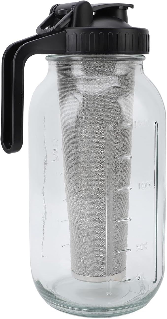 COLD BREW COFFEE MAKER PITCHER STAINLESS STEEL FILTER THICK GLASS ICED COFFEE JAR SPOUT LID HANDLE BLACK (2000ml)