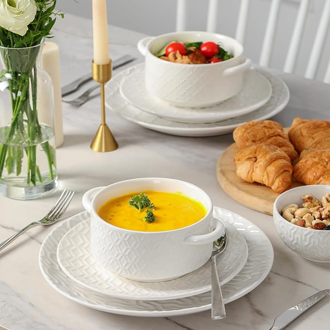 Sureasy Soup Bowls with Handles Set of 4 + Dinnerware Sets 12 Piece White