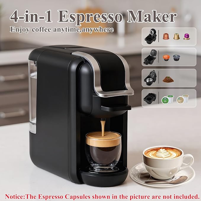 4-in-1 Pods Coffee Maker 19Bar Compact Design Fast Brew Hot/Cold Single Serve Espresso Machine for K Cup PodsNes Original/DG Capsule and Ground Coffee at Home or Office (Black)