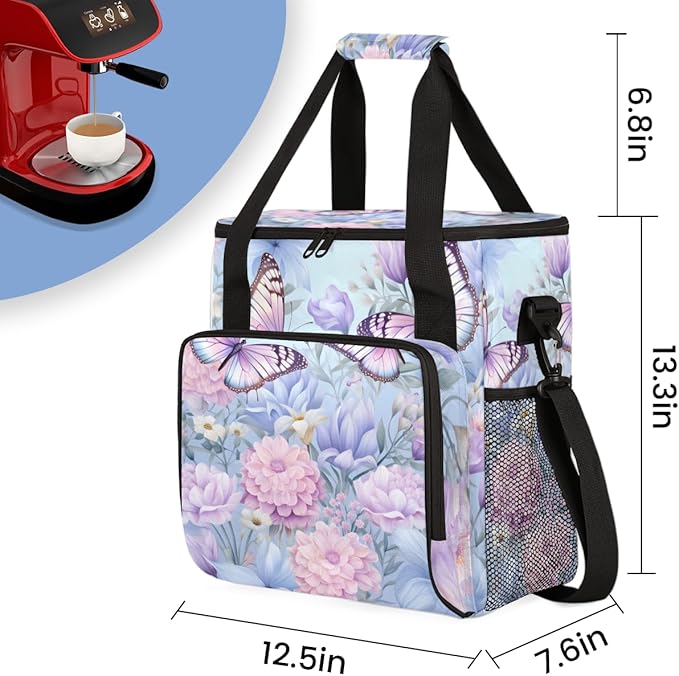 Flowers Butterfly Coffee Maker Carrying Bag Modern Butterfly Travel Storage Bag Compatible with K-Mini or K-Mini Plus Single Serve Coffee Brewer Carrying Case with Multiple Pockets &amp Shoulder St