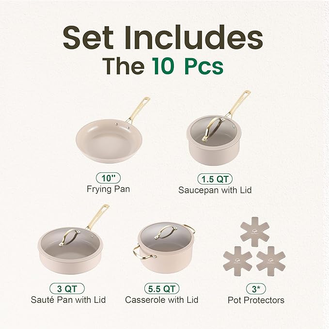 Chef Power Ceramic Cookware Sets 10Pcs Pots and Pans Set Non Stick Cookware Set with Stainless Steel Handle Dishwasher &amp Oven Safe Taupe and Light Gold Handle