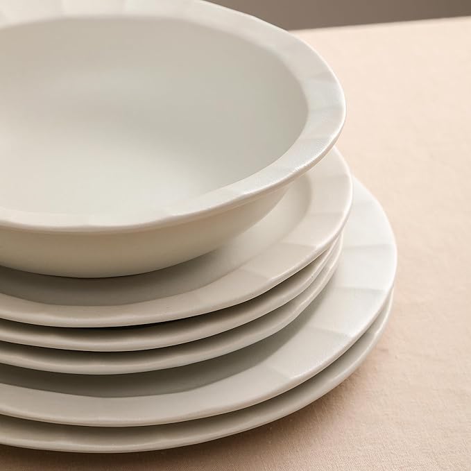 Stone Lain Oasis Stoneware 24 Piece Dinnerware Set Home Kitchen Dish Set with Dinner Plates Salad Plates &amp Bowls - Service for 8 White