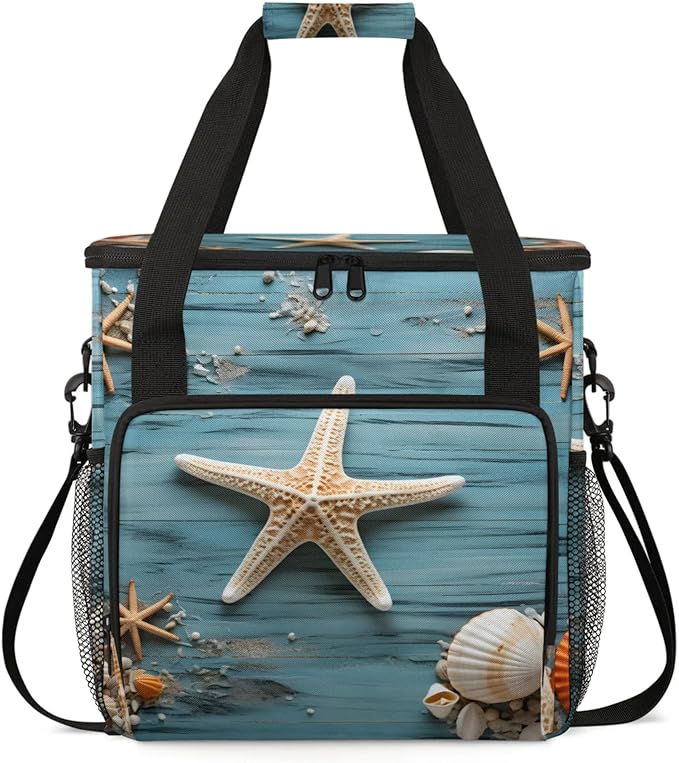 Seashell Starfish Themed Coffee Maker Travel Bag for Keurig K-Mini/K-Mini Plus Insulated Waterproof Tote with Pockets for K-Cup Portable Single-Serve Brewer Case