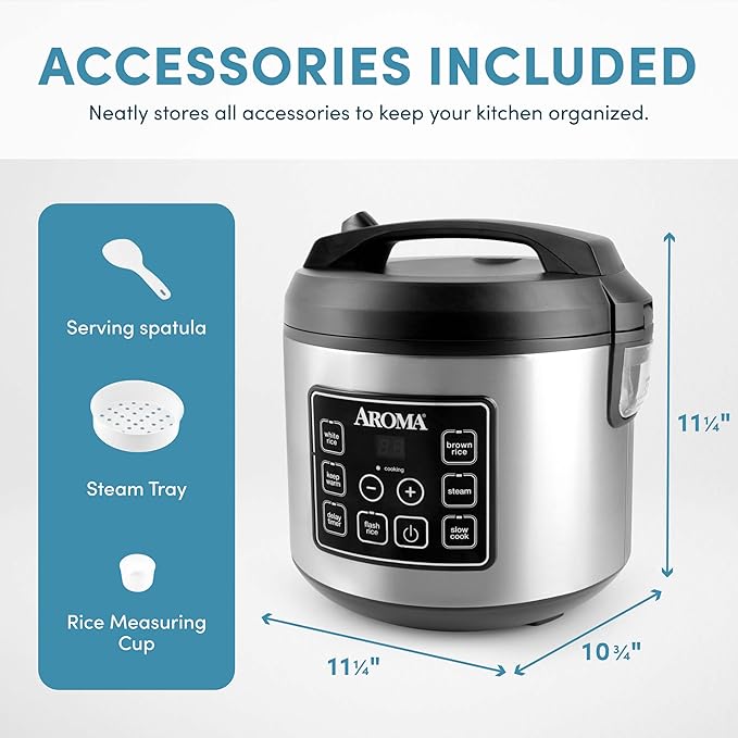 AROMA® 20-Cup (Cooked) / 10-Cup (Uncooked) Digital Rice Cooker Multicooker Slow Cooker Steamer Flash Rice Keep Warm Sensor Logic® Technology Stainless Steel Exterior
