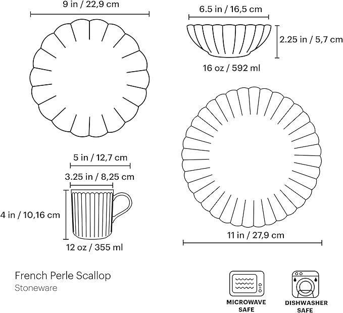 Lenox Dinnerware Set French Perle Scallop 4-Piece Place Setting Service For 1 Dinnerware Set Stoneware Includes Plates Bowl and Mug Dishwasher And Microwave Safe Dish Set (White 4 Piece)
