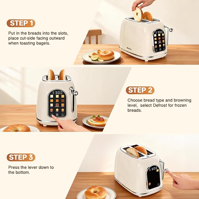 Mecity Toaster 2 Slice Touch Screen Wide Slot Retro Toaster For Breads Bagel Muffin Waffle House Warming Gift New Home 120V 825W Cream Color