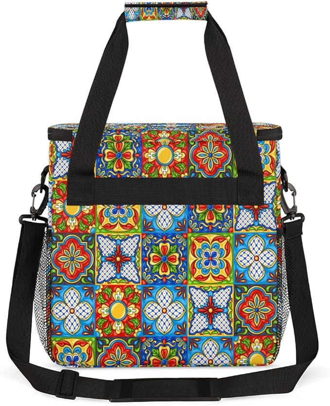 Ethnic Mexican Colorful Flowers Plaid Coffee Maker Carrying Bag Coffee Machine Travel Storage Tote Bag Compatible with K-Mini or K-Mini Plus Portable Single Serve Coffee Brewer Case with Pockets