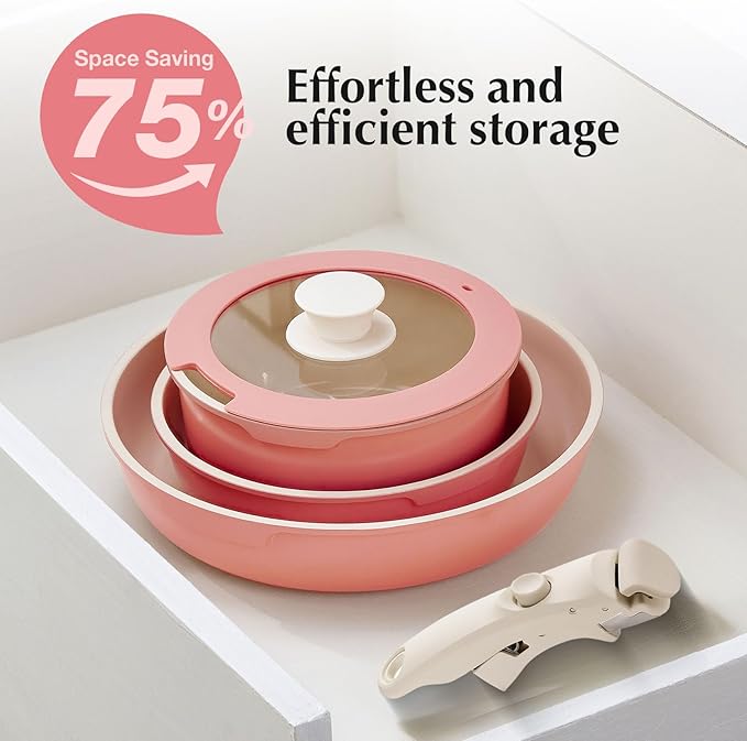 IKTU Ceramic Pots and Pans Set Non Stick Pink 5Pcs Nonstick Cookware Set with Detachable Handle RV Camping Induction Kitchen Cookware Set Non Stick PFAS PFOA &amp PTFE Free