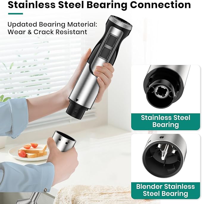 1800W Immersion Blender Handheld 4-in-1 Hand Blender Stick for Ice Crushing Smoothie Baby Food Soup 8 Speed Hand Mixer Turbo Boost Stainless Steel Blade with Whisk Chopper Beaker