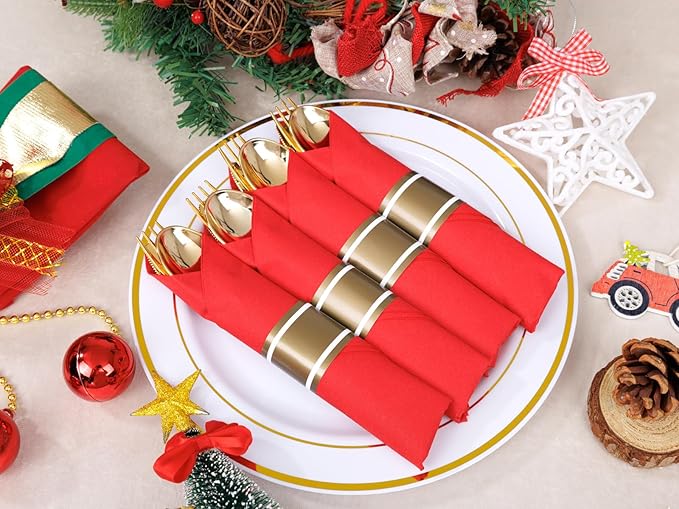 Nervure 400PCS Pre Rolled Gold Plastic Silverware Sets - Heavy Duty Gold Cutlery - Include 100 Pack Wrapped Disposable Utensils with Red Napkins for Christmas &amp Party &amp Wedding