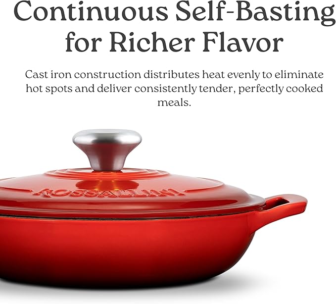 Signature Enameled Cast Iron Braiser Non-Stick Serving Pot with Tight Fitting Lid for Perfect Roasting Baking Sauteing Searing and Pan Frying | 5Q (4.7L) - Red