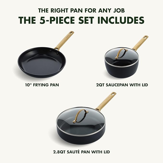 GreenPan Hard Anodized Healthy Ceramic Nonstick 5 Piece Cookware Pots and Pans Set Gold Handle PFAS-Free Dishwasher Safe Oven Safe Black
