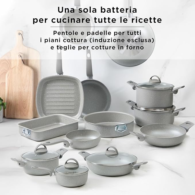 18Pcs Cookware set Made in Italy pots and pans set Nonstick kitchen set Greblon nonstick coating Healthy &amp PFOA/GenX-free Oven-safe baking pans Grey (18 Piece)
