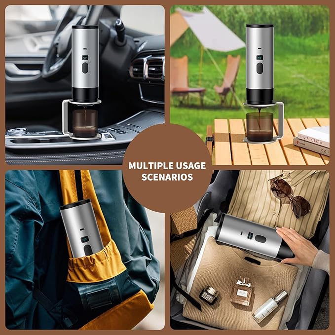 RQUOIRE 3-in-1 Portable Coffee Maker Espresso Machine Self-Heating Travel Coffee Maker Compatible with NS DG Pods &amp Ground Coffee Small Mini Espresso Machine for Car Camping Hiking With Stand