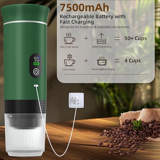 Portable Coffee Maker for Travel &amp Camping Portable Espresso Maker with Bag Rechargeable Cordless Battery Operated Coffee Makers for Ground Coffee NS Capsule RV Hiking Office(Green)