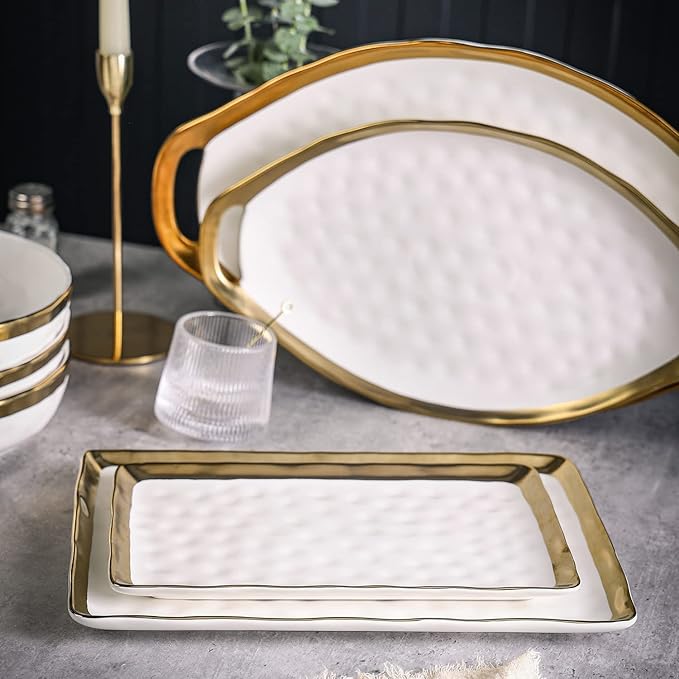 Stone Lain Florian Porcelain Large and Medium Rectangle Service Platters White with Gold Rim