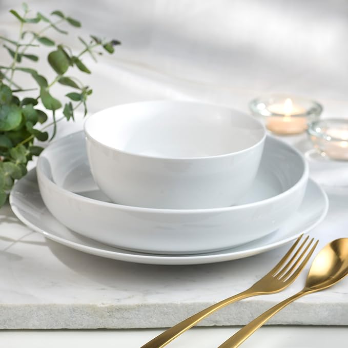 Euro Ceramica White Essential 12 Piece Fine Porcelain Double Bowl Dinnerware Set Service for 4