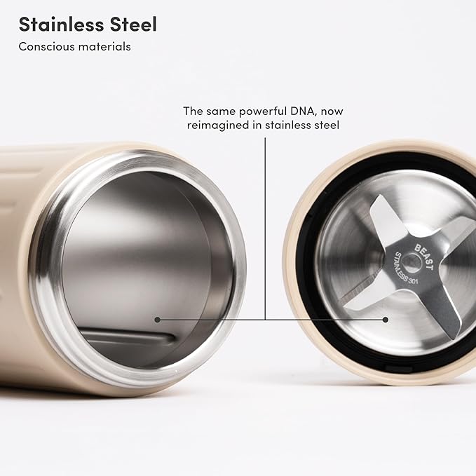Beast Mini 600 Stainless Steel | Mini Countertop Kitchen Blender | Insulated Stainless Steel Vessel | Smoothies Shakes Dressings Sauces Dips | Portable Straw Caps and Lids | 600W (Sand)