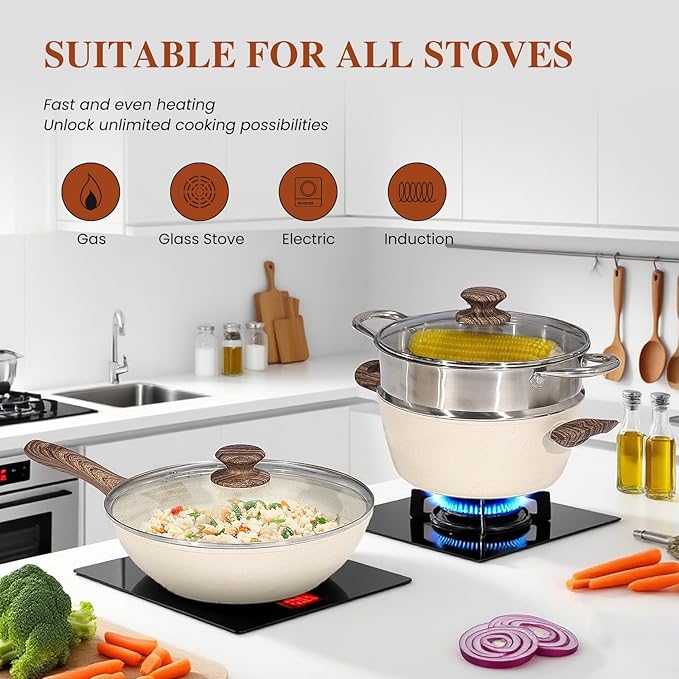 Nonstick Pots and Pans Set 17 Pcs Kitchen Cookware Set with Stay-Cool Handles - Induction Compatible White Nonstick Coating