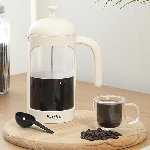 Mr. Coffee Retro Brew French Press Coffee Maker 31-Ounce Glass Carafe with High Heat Resistant Durable Borasilicate Glass &amp Cream Frame and Plunger Includes Coffee Scoop