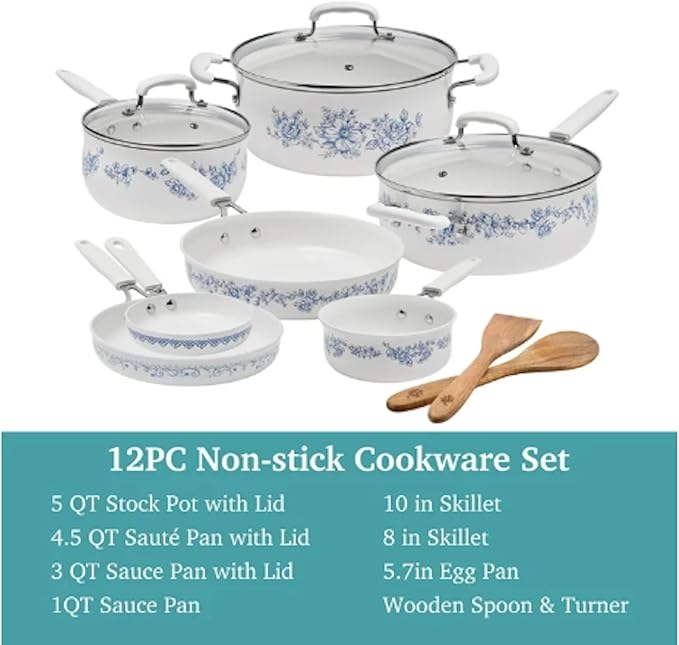 Agatha 12-Piece Aluminum &amp Ceramic Classic Cookware Set Blue
