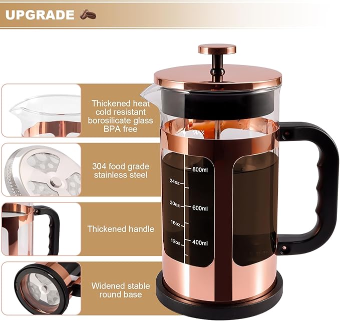French Press Coffee Tea Maker Upgrade Heat Cold Resistant Thickened Glass with 4 Level Stainless Steel Filtration System Brew Coffee &amp Tea BPA Free Large 1000ml 34oz Rose Gold