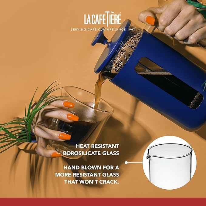 La Cafetière Pisa Cafetière 8-Cup/1L Heat-Resistant Borosilicate Glass and Stainless Steel with Easy-Grip Plunger Large French Press Coffee Maker for Loose Tea and Ground Coffee Navy