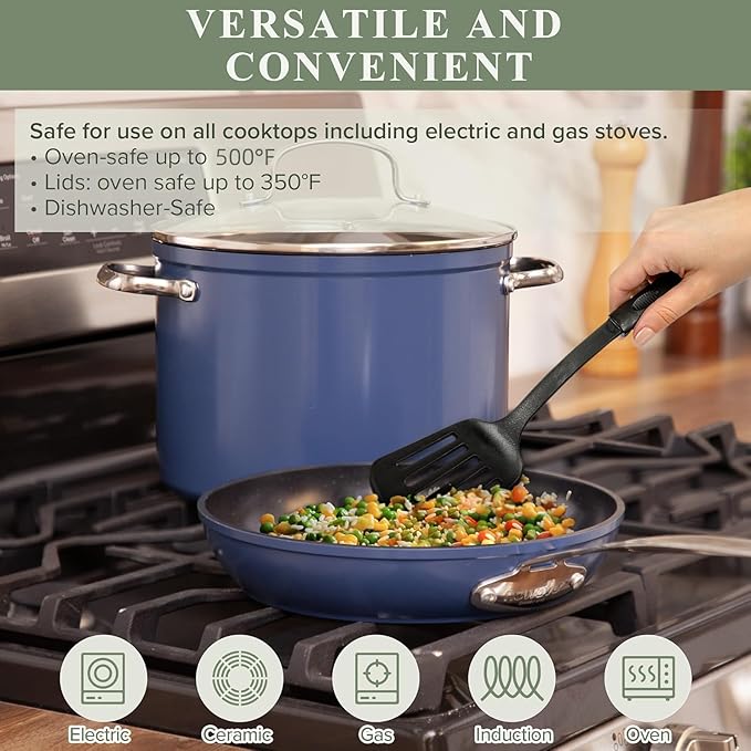 Nuwave Healthy Duralon Blue Ceramic Nonstick 12pc Cookware SetDiamond Infused Scratch-ResistantPFAS FreeDishwasher &amp Oven SafeInduction Ready &amp Evenly Heats Tempered Glass Lids Stay-Cool
