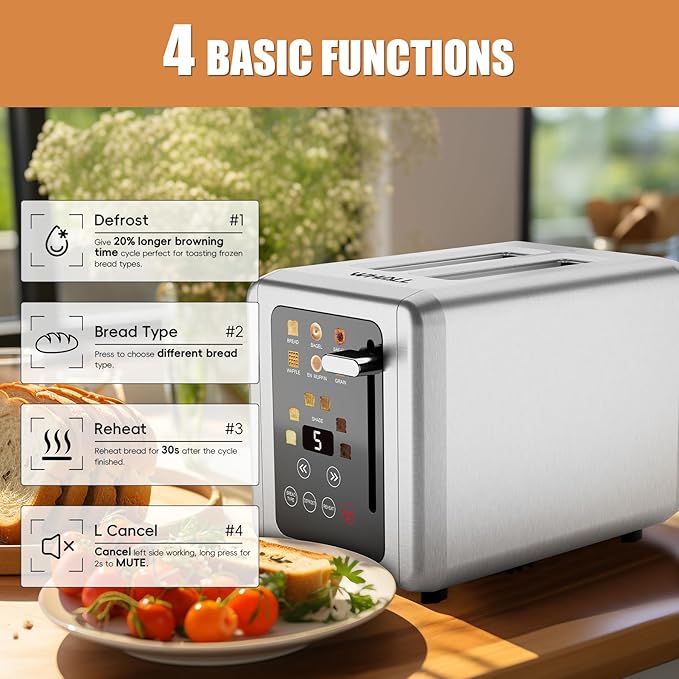 WHALL Touch Screen Toaster 2 Slice 1.5'' Extra Wide Slot Smart Toaster with Digital Timer 6 Bread Types &amp 6 Shade Settings Crumb Tray Reheat/Defrost Stainless Steel Bread Toasters Silver