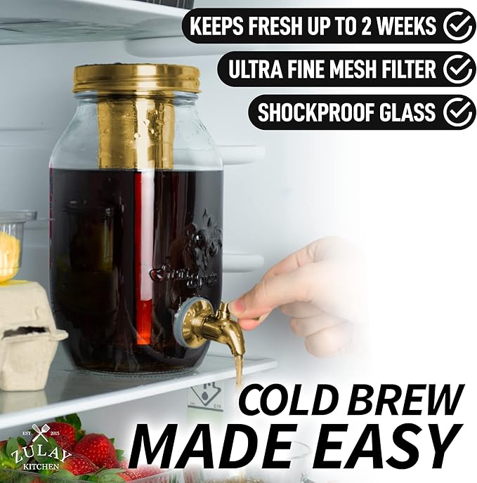 Zulay Kitchen 1.5 Liter Cold Brew Coffee Maker with EXTRA-THICK Glass Carafe &amp Stainless Steel Mesh Filter - Premium Iced Coffee Maker Cold Brew Pitcher &amp Tea Infuser (Gold)