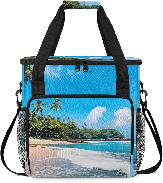 Summer Time Landscape Coffee Maker Travel Bag for Keurig K-Mini/K-Mini Plus Insulated Waterproof Tote with Pockets for K-Cup Portable Single-Serve Brewer Case