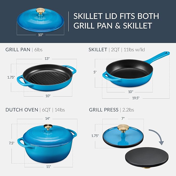 Best Choice Products Non-Stick Pot &amp Pan Cookware Set Cast Iron 2Qt Skillet W/Lid 10 Grill Or Griddle Pan W/Press 6Qt Enameled Dutch Oven Non-toxic For Cooking &amp Grilling - Blue