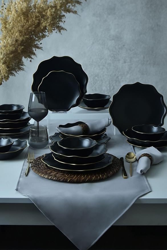 Dinnerware Set - Mat Blac/Gold Romeo - 24 Pieces - 6 Persons - Stoneware