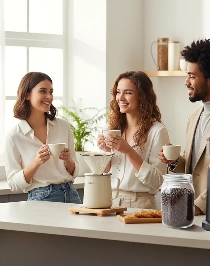AGOGO Portable Pour Over Coffee Maker V60 Set - Easy Cleaning Compact 304 Stainless Steel Dripper for Camping &amp 50 Filters Paper &amp Barista Towel- Cream-20oz/600ml