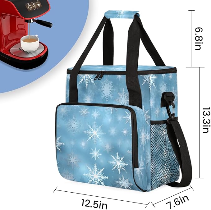 Xmas Snowflakes Coffee Maker Carrying Bag Watercolor Snowflakes Travel Storage Bag Compatible with K-Mini or K-Mini Plus Single Serve Coffee Brewer Carrying Case with Pockets &amp Shoulder Strap