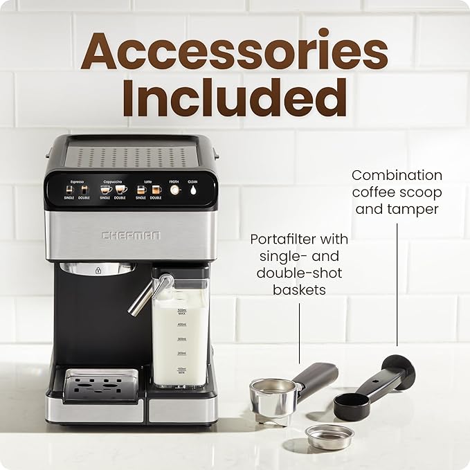 Chefman CaféMaster Pro Espresso Machine Brew Single or Double Shots Coffee Maker with Built-In Milk Frother for Cappuccino &amp Latte XL 1.8 Liter Removable Water Reservoir - Stainless Steel