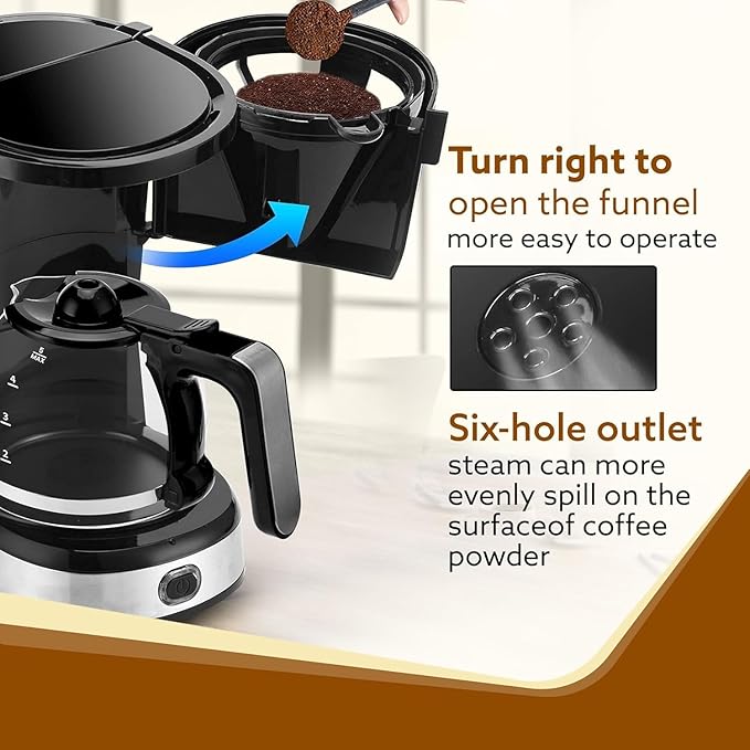 Royal 4 Big Cups Drip Coffee Maker 600 Ml Borosilicate Glass Carafe Jar 750W Water tank with Level Indicator Brewer Machine with Cone Filter Auto Shut Off Stainless Steel Body Black