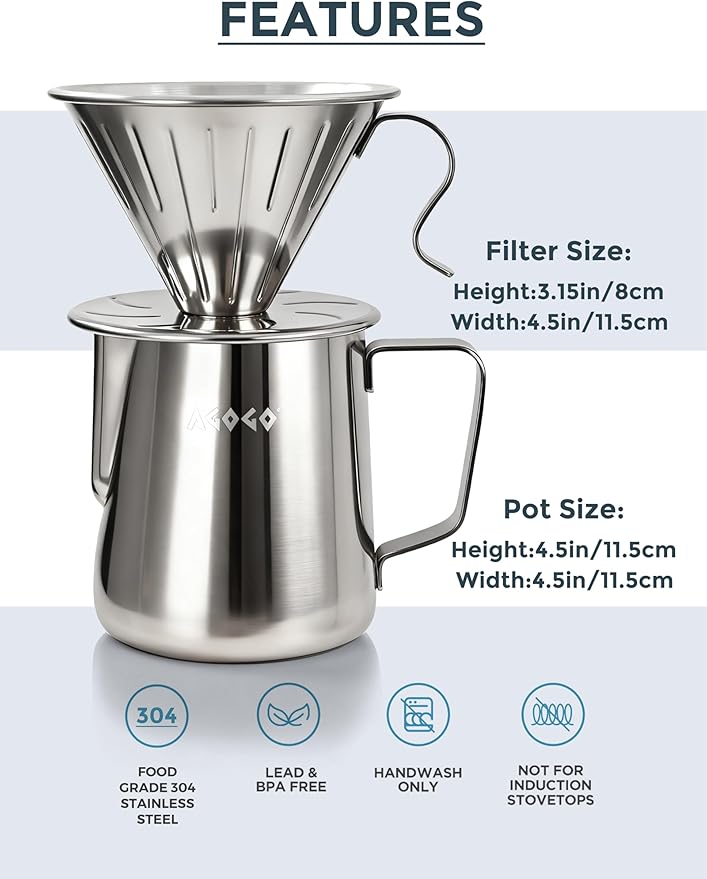 AGOGO Portable Pour Over Coffee Maker V60 Set - Easy Cleaning Compact 304 Stainless Steel Dripper for Camping &amp 50 Filters Paper &amp Barista Towel-Silvery-20oz/600ml