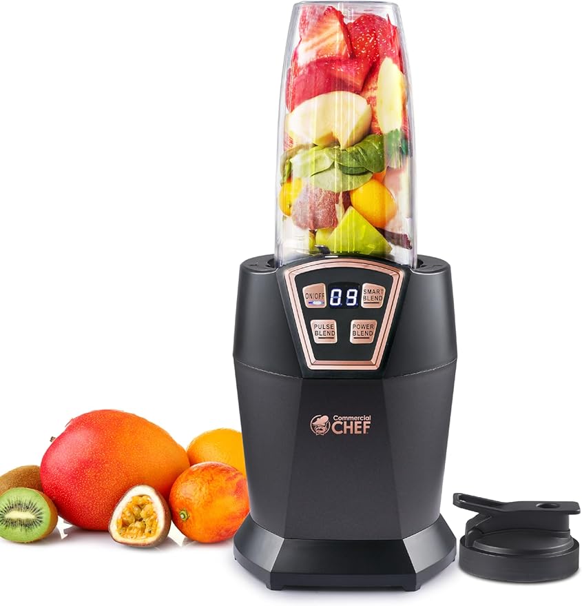 COMMERCIAL CHEF Personal Blender With 3 Modes for Smoothies Shakes &amp More - 1000W With 6 Stainless Steel Blades and LED Display