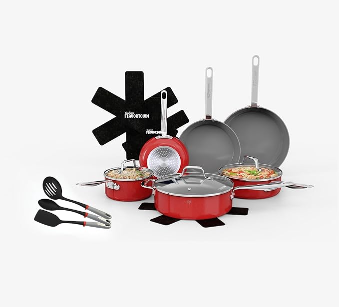 Guy Fieri's Flavortown 15-Piece Ceramic Cookware Set Nonstick Pots and Pans for Cooking Induction Compatible (Red 15-Piece Set Induction-compatible)