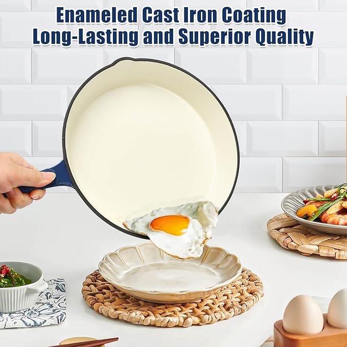 Hisencn Enameled Cast Iron Skillet Set - 3 Piece Ceramic Coated Fry Pan Set(8''9.5'' 11'') PFAS/PTFE/PFOA Free Oven &amp Induction Safe Navy Blue Cookware for Gas/Electric Stovetop