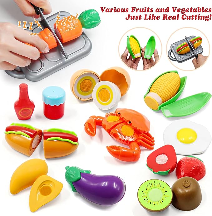 Kids Pretend Play Kitchen Toys Accessories Set 32 Items Stainless Steel Toy Pots and Pans Sets w/ Rack Organizer Metal Cooking Utensils &amp Apron Play Food w/ Basket for Kids Girls Boys Toddlers
