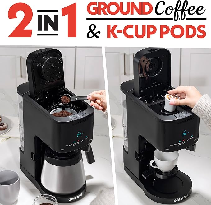Gourmia 2-in-1 Single Serve and 12 Cup Coffee Maker - Drip Brew K-Cup Compatible Programmable Pause and Serve Removable Filter Thermal Carafe Black