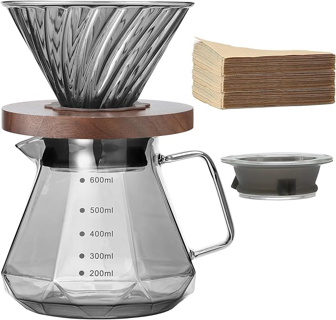 Pour Over Coffee Maker 20 oz Borosilicate Glass Carafe with 100 pcs Paper Filter Walnut Handle &amp Glass Lid Drip Coffee Maker for Home Café Restaurant Camping 600 ml Gray
